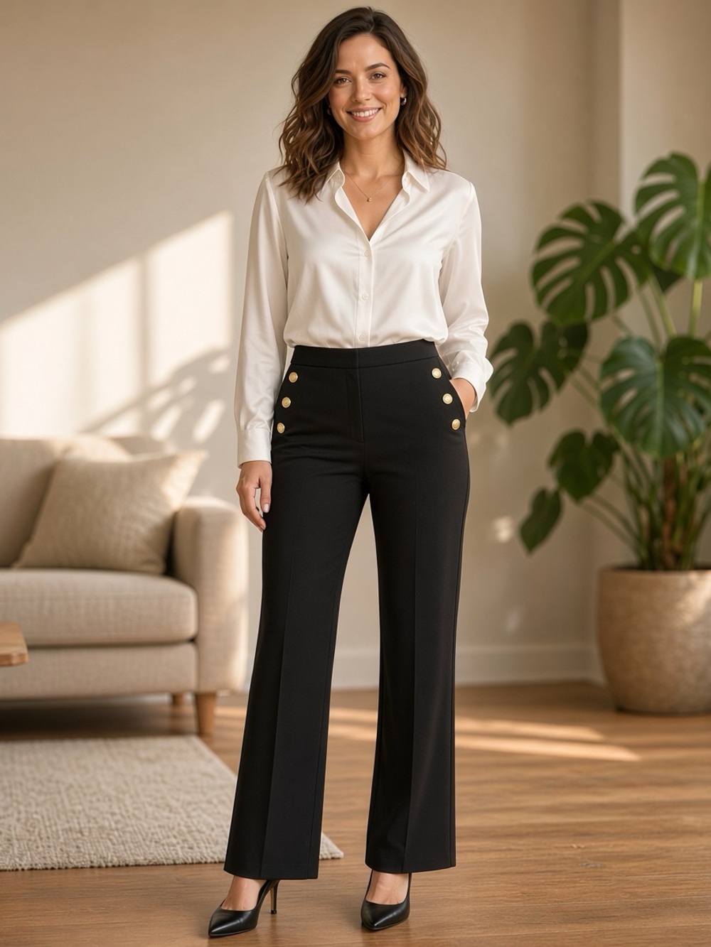 Chico's Pull-Up Black FlaredPants with Gold Button Detail
